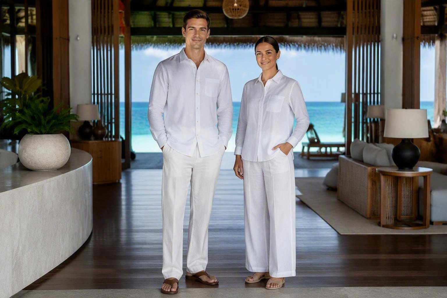Hotel Uniform Maldives - Resort Lobby Staff White Linen Uniforms